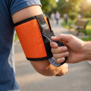 A bright orange Ramble Tag is securely wrapped around a guide’s upper arm, featuring a sturdy strap with a soft black loop handle. A blind or partially sighted person holds the handle comfortably while being guided. The inner side of the strap includes a non-slip lining to keep it firmly in place, ensuring stability and consistent positioning during movement.